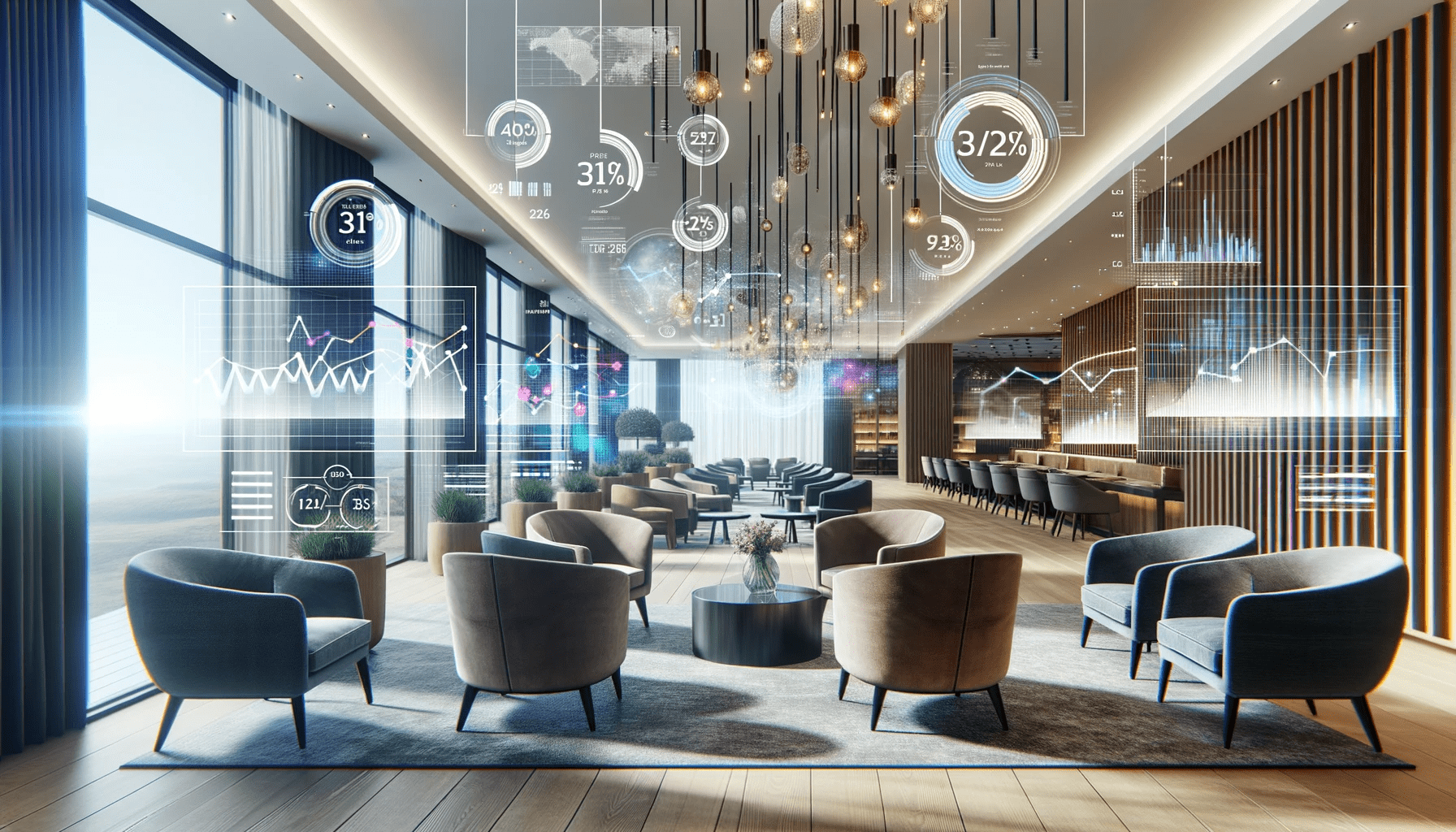 Hotellobby mit Revenue Management Diagrammen-min